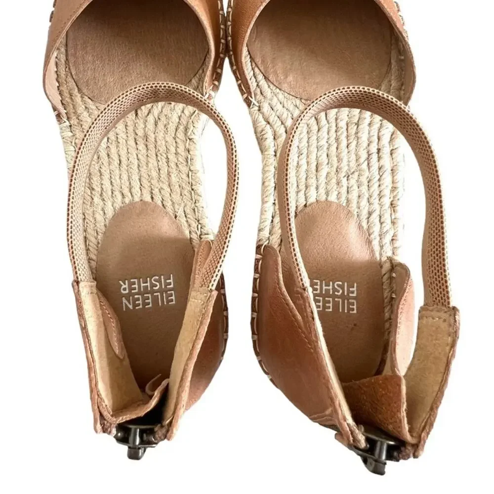 Eileen Fisher Lala Espadrille Flat Sandal Size 8.5 Cognac Leather Espadrille New